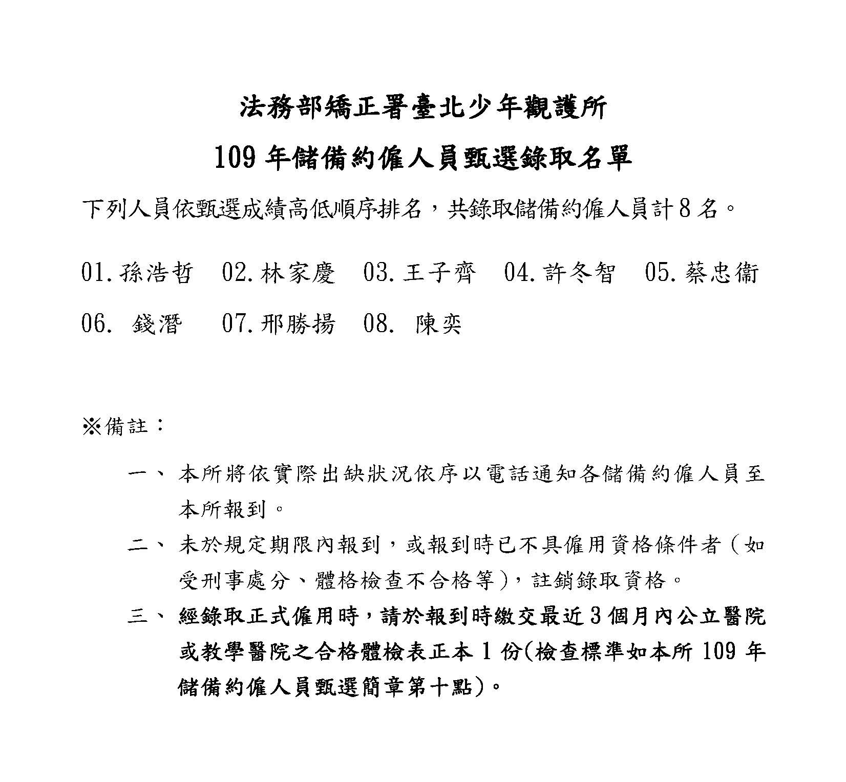 109年儲備約僱人員甄選錄取公告名單